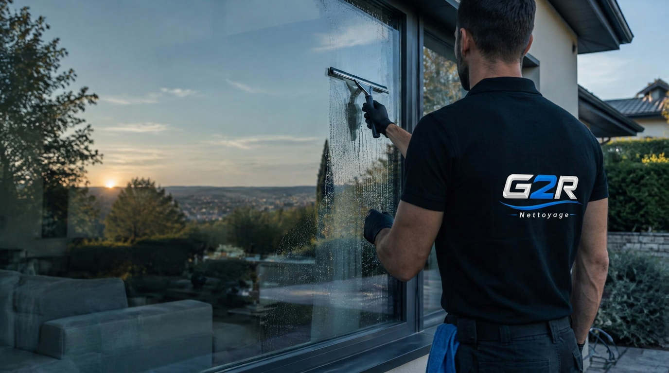 Nettoyage de vitres à Rennes et alentours — G2R Nettoyage Technicien G2R Nettoyage nettoyant une baie vitrée avec une raclette à Rennes